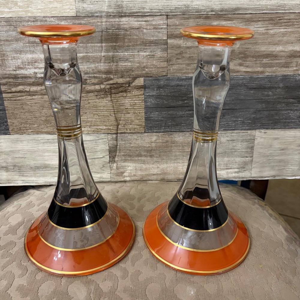 Vintage Orange Black Gold Gilt Etched Glass Candlestick Holders MCM
